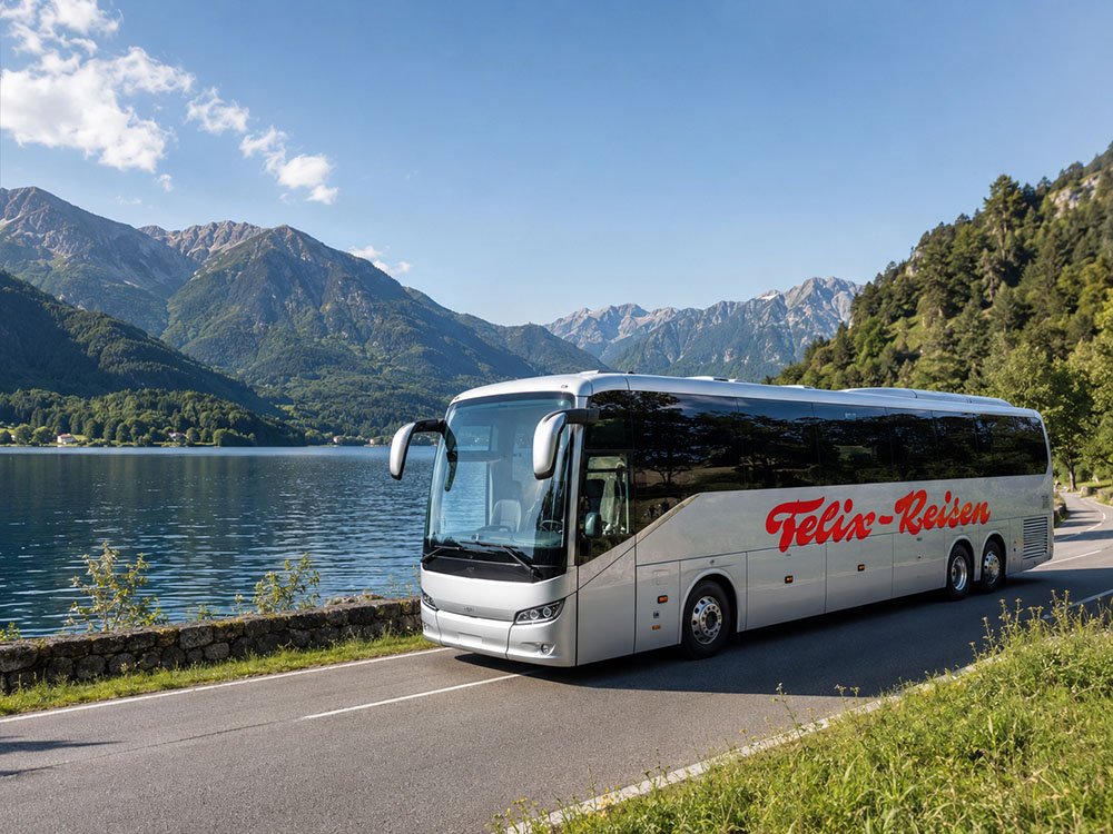 Busreise mit Felix Reisen am Alpensee Felix Reisen Reisebus auf einer Alpenstraße am See mit Bergpanorama als Ziel für Tagesreisen und Mehrtagesreisen